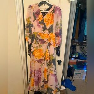 Long floral lilac purple dress with string tie wrap